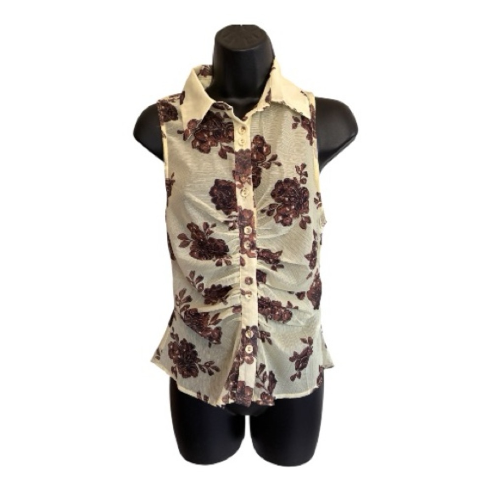 Princess Polly Floral Tie-Waist Sheer Peplum Top Size 4 Cream Brown